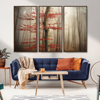 61855-MGV-CV-36X24-Misty Forest Wall Art – Red Tree with Autumn Leaves Canvas Print, Moody Woodland Nature Decor for Living Room, Bedroom, or Office