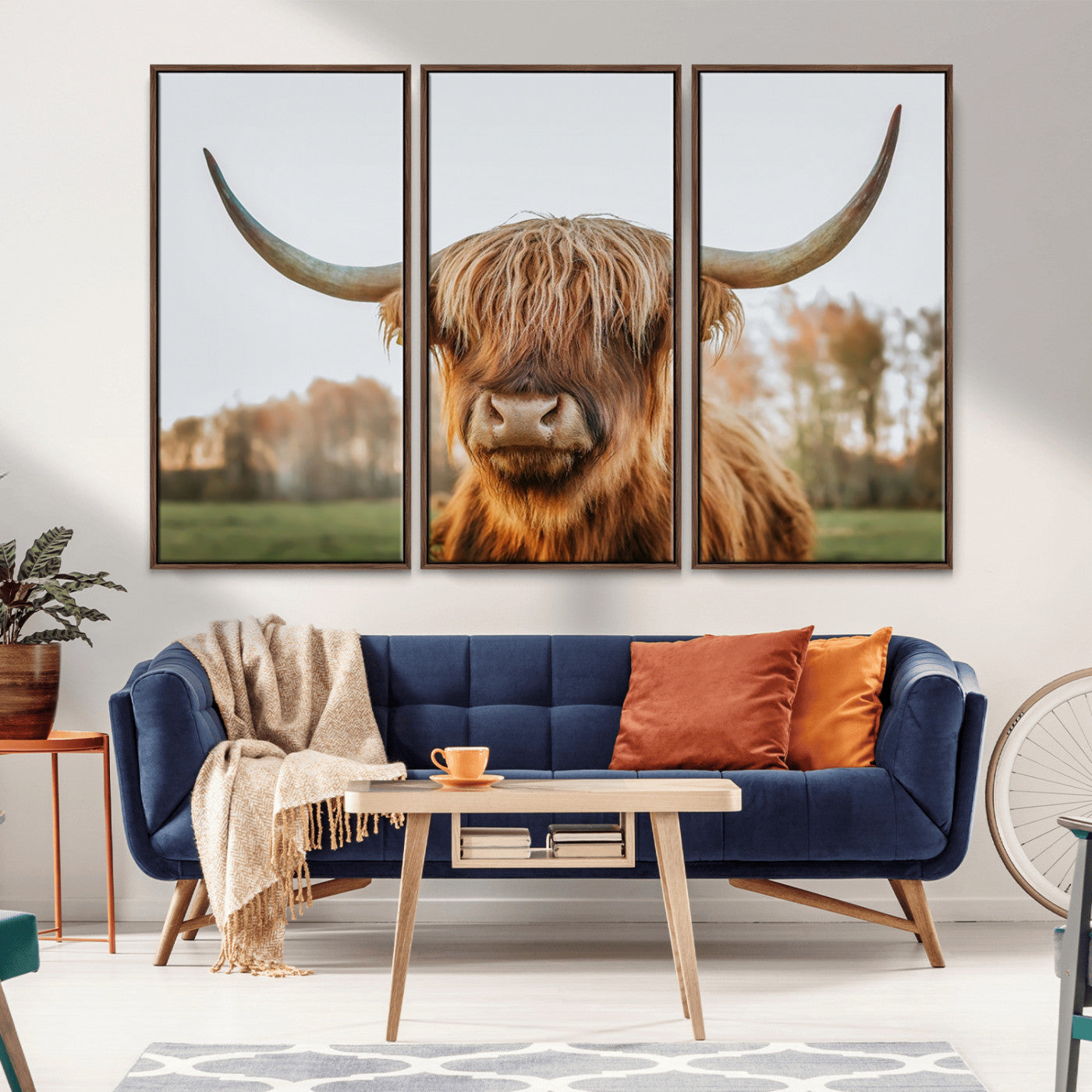 64824-MGV-FC-48X32-3P_Walnut-Highland Cow Wall Art – Rustic Scottish Bull Canvas Print, Farmhouse Animal Decor for Living Room, Bedroom, Office or Cabin