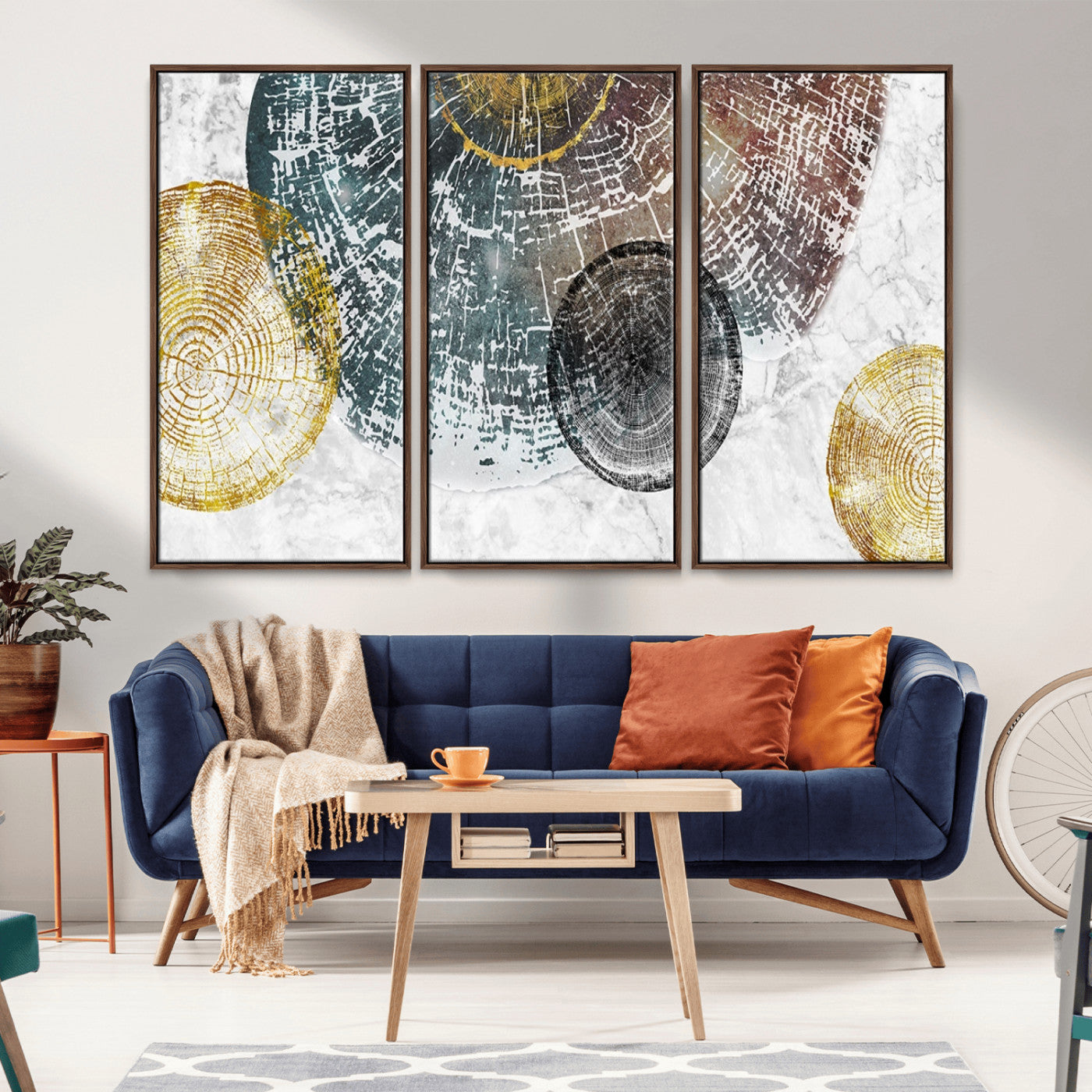 70653-MGV-CV-36X24-Abstract Tree Ring Wall Art – Modern Rustic Wood Slice Canvas Print with Gold Accents, Contemporary Nature Decor for Living Room,