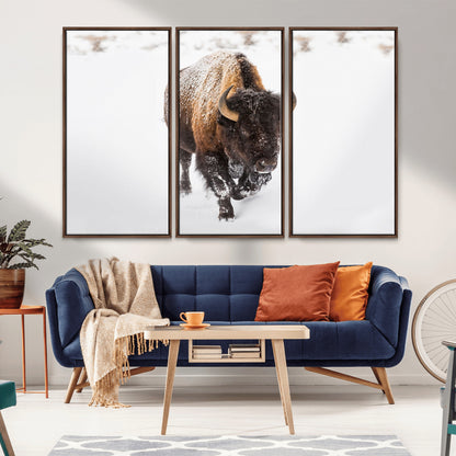 19889-MGV-FC-48X32-3P_Walnut-Snow Bison Wall Art – Majestic Buffalo Winter Landscape Canvas Print, Rustic Wildlife Photography Decor for Cabin, Lodge, Living