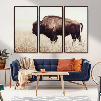 48406-MGV-FC-48X32-3P_Walnut-American Bison Wall Art – Rustic Buffalo Canvas Print in Prairie Field, Western Wildlife Photography Decor for Cabin, Lodge,