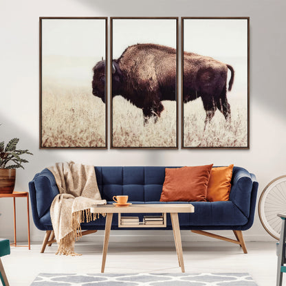 48406-MGV-FC-48X32-3P_Walnut-American Bison Wall Art – Rustic Buffalo Canvas Print in Prairie Field, Western Wildlife Photography Decor for Cabin, Lodge,