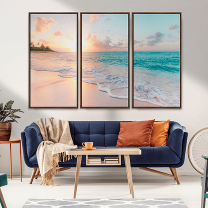 36554-MGV-FC-48X32-3P_Walnut-Tropical Beach Sunset Wall Art – Ocean Waves and Palm Canvas Print, Coastal Seascape Photography Decor for Living Room, Bedroom,