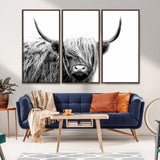 51957-MGV-FC-48X32-3P_Walnut-Highland Cow Wall Art – Black and White Scottish Highland Bull Canvas Print, Rustic Farmhouse Animal Decor for Living Room,