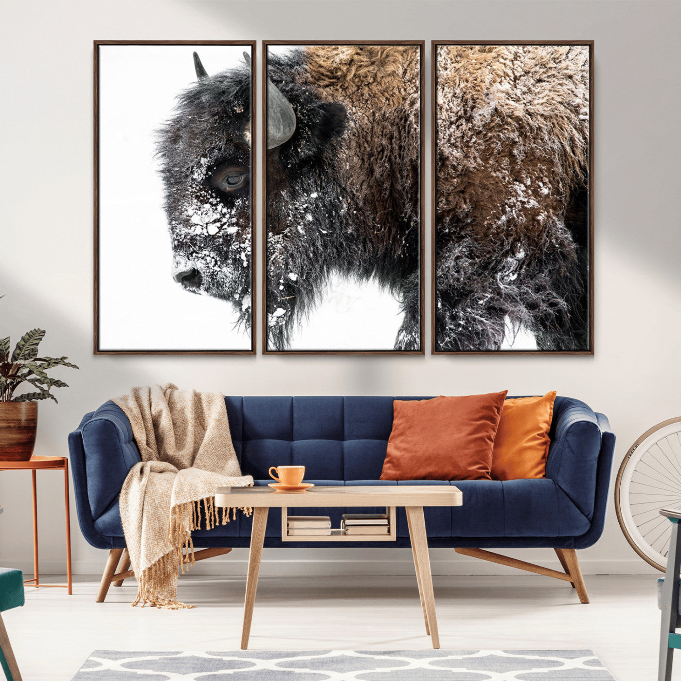24304-MGV-FC-48X32-3P_Walnut-Bison Wall Art Canvas Print, Framed Winter Bison Art Picture Print, Snowy Buffalo Perfect Rustic Farmhouse Decor Artwork