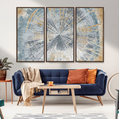 17631-MGV-FC-48X32-3P_Walnut-Radiant Burst Wall Art – Abstract Sunburst Canvas Print in Blue and Gold, Modern Geometric Painting for Living Room, Office or