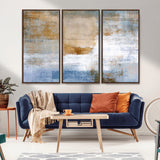 72354-MGV-FC-48X32-3P_Walnut-Blue and Gold Abstract Wall Art – Modern Minimalist Canvas Print, Textured Contemporary Painting for Living Room, Bedroom, or