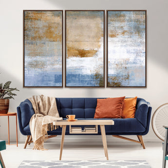 72354-MGV-FC-48X32-3P_Walnut-Blue and Gold Abstract Wall Art – Modern Minimalist Canvas Print, Textured Contemporary Painting for Living Room, Bedroom, or