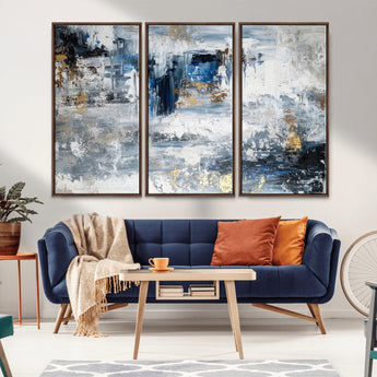 59716-MGV-FC-48X32-3P_Walnut-Abstract Blue and Gold Wall Art – Modern Textured Canvas Print, Contemporary Painting for Living Room, Bedroom, or Office Decor