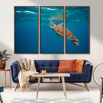 91440-MGV-FC-48X32-3P_Walnut-Sea Turtle Wall Art – Ocean Turtle Canvas Print, Underwater Marine Life Decor for Living Room, Office, Beach House or Bathroom