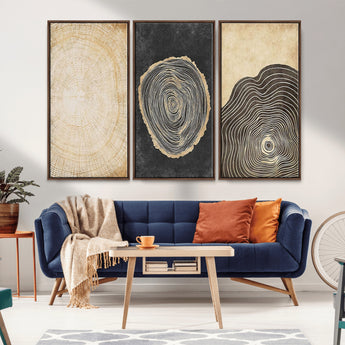 77785-MGV-FC-48X32-3P_Walnut-Tree Ring Abstract Wall Art – Rustic Wood Growth Pattern Canvas Prints, Modern Nature-Inspired Decor for Living Room or Office