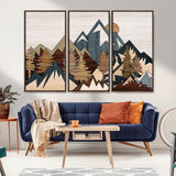 67950-MGV-FC-48X32-3P_Walnut-Modern Wood Wall Art Canvas Print, Framed Mountain Range Art Picture Print, Wood Mountain Range Perfect Rustic Decor Artwork