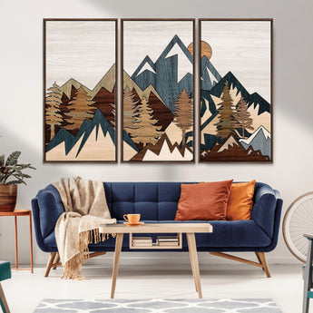 67950-MGV-FC-48X32-3P_Walnut-Modern Wood Wall Art Canvas Print, Framed Mountain Range Art Picture Print, Wood Mountain Range Perfect Rustic Decor Artwork
