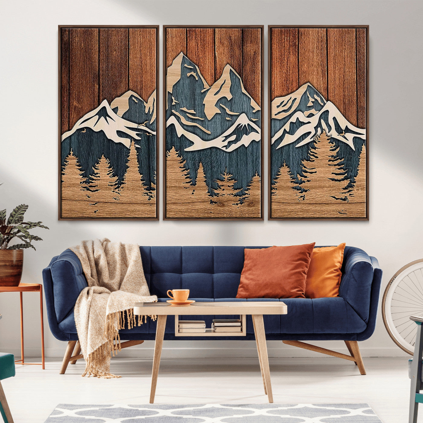 41330-MGV-FC-48X32-3P_Walnut-Rustic Mountain Wall Art – Wooden Nature Scene with Trees and Peaks, Handmade 3D Layered Decor for Living Room, Cabin or Office