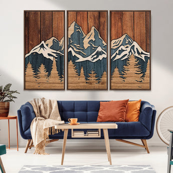 41330-MGV-FC-48X32-3P_Walnut-Rustic Mountain Wall Art – Wooden Nature Scene with Trees and Peaks, Handmade 3D Layered Decor for Living Room, Cabin or Office