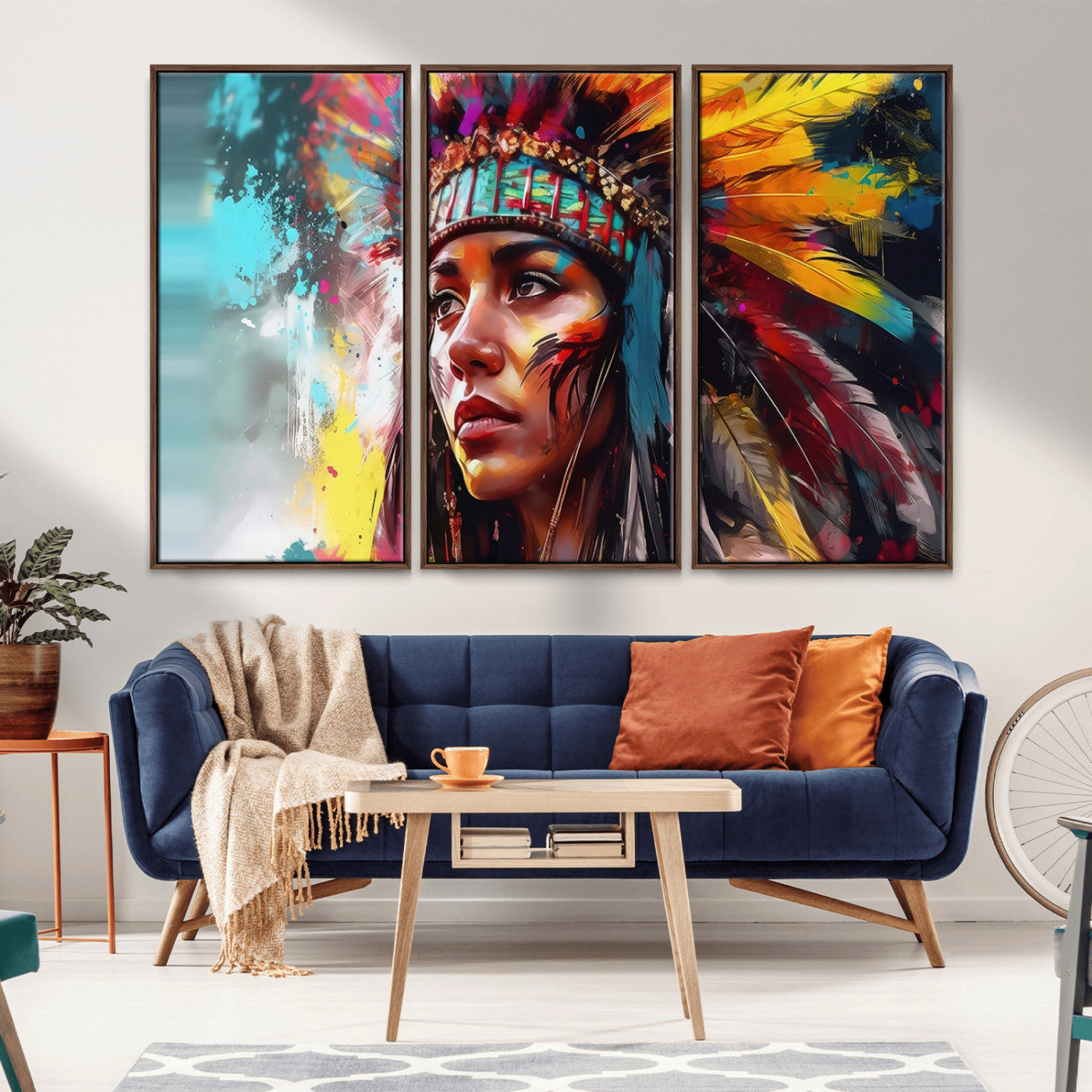 70785-MGV-CV-36X24-Tribal Woman Wall Art – Colorful Abstract Portrait Canvas with Feather Headdress, Bold Ethnic Inspired Decor for Living Room,