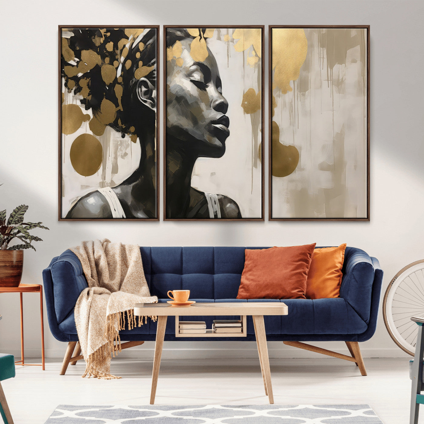 65669-MGV-CV-36X24-Elegant Black Woman Wall Art – Modern Abstract Portrait Canvas with Gold Accents, Contemporary Afrocentric Decor for Living Room