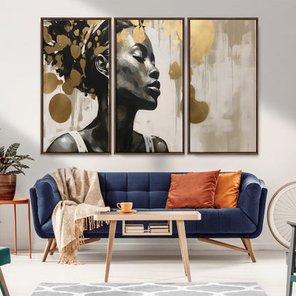 65669-MGV-CV-36X24-Elegant Black Woman Wall Art – Modern Abstract Portrait Canvas with Gold Accents, Contemporary Afrocentric Decor for Living Room
