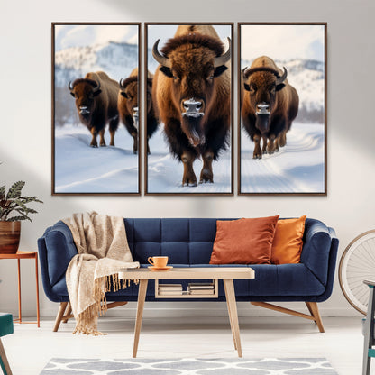 56701-MGV-CV-36X24-Bison Herd Wall Art – Buffalo Walking in Snowy Mountains Canvas Print, Rustic Wildlife Decor for Cabin, Lodge, or Living Room
