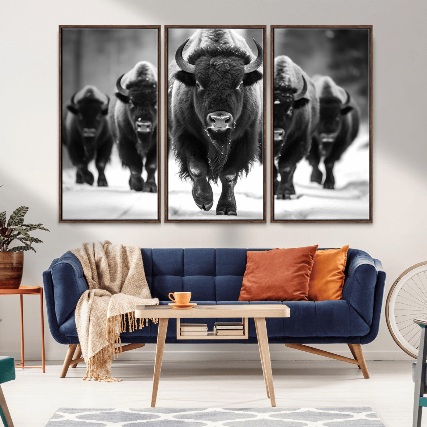 79872-MGV-CV-36X24-Bison Herd Wall Art – Black and White Buffalo on Snow Canvas Print, Rustic Wildlife Decor for Lodge, Cabin, or Living Room
