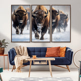 80512-MGV-FC-48X32-3P_Walnut-Bison Herd Wall Art – Buffalo Running in Snow Canvas Print, Rustic Wildlife Photography Decor for Cabin, Lodge, or Living Room
