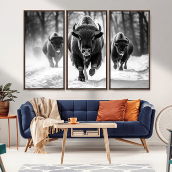 97552-MGV-FC-48X32-3P_Walnut-Black and White Bison Wall Art – Buffalo Herd Running in Snow Canvas Print, Rustic Wildlife Photography Decor for Cabin, Lodge, or