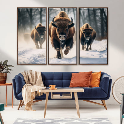 56549-MGV-CV-36X24-Wild Bison Wall Art – Majestic Buffalo Herd Running in Snow Canvas Print, Rustic Wildlife Photography Decor for Cabin, Lodge, or