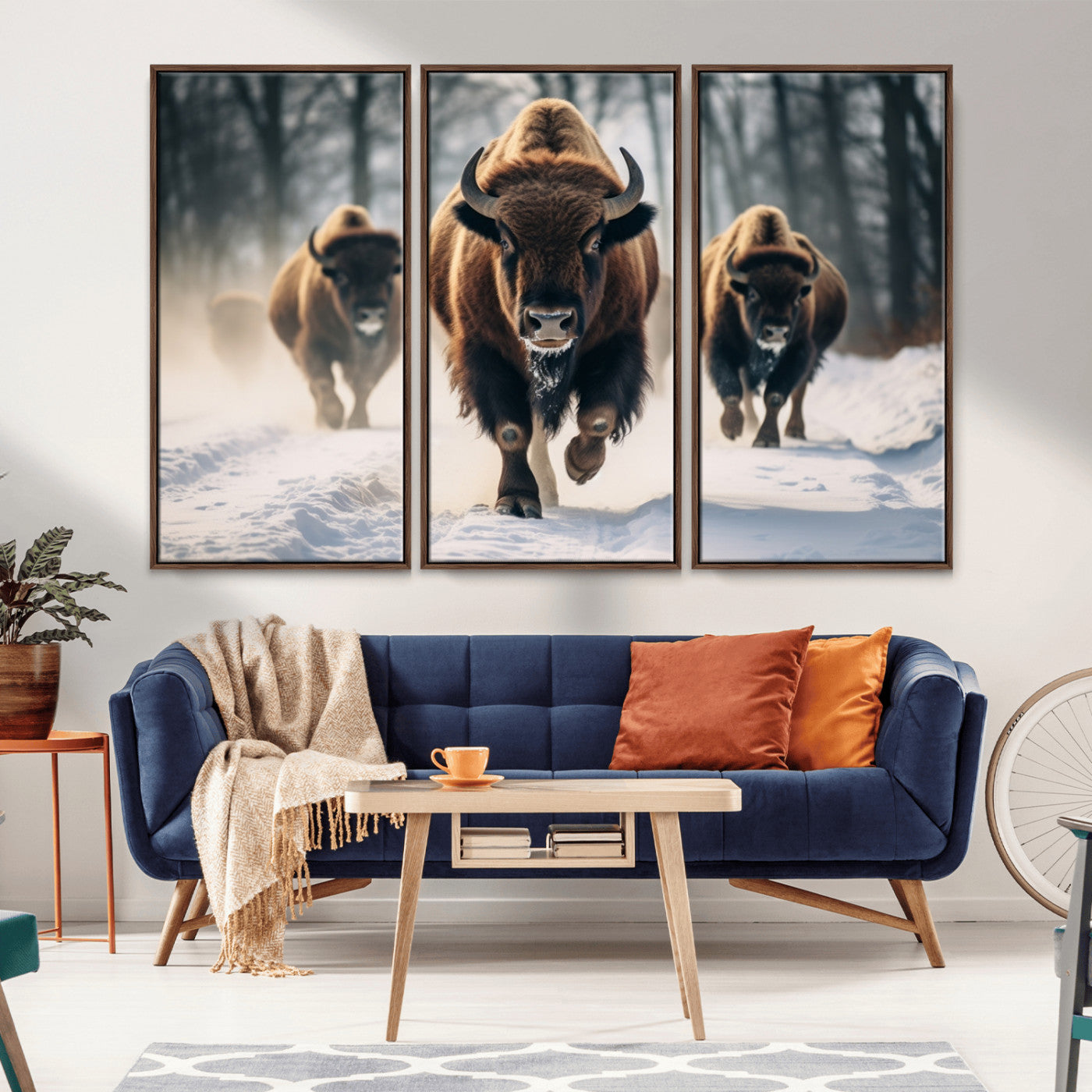 56549-MGV-FC-48X32-3P_Walnut-Wild Bison Wall Art – Majestic Buffalo Herd Running in Snow Canvas Print, Rustic Wildlife Photography Decor for Cabin, Lodge, or