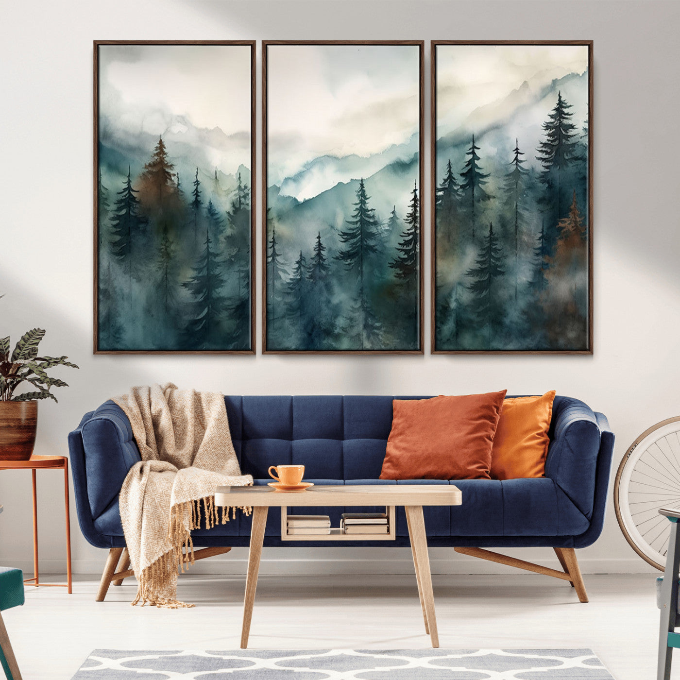 48468-MGV-CV-36X24-Foggy Forest Wall Art – Watercolor Mountain Pine Landscape Canvas Print, Nature Woodland Painting for Living Room, Bedroom or