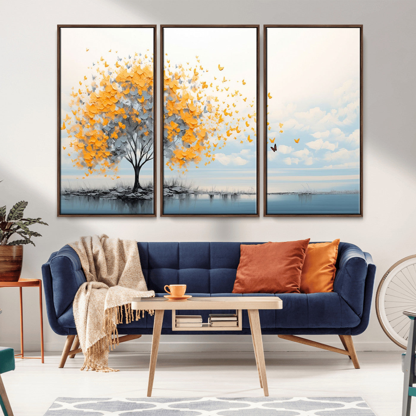 23385-MGV-CV-36X24-Golden Butterfly Tree Wall Art – Abstract Yellow and Gray Canvas Print, Modern Nature Artwork for Living Room, Bedroom or Office