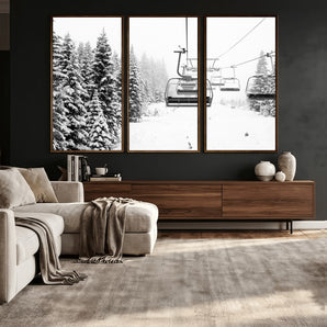 70609-MGV-CV-36X24 - Snowy Ski Lift Wall Art – Black and White Winter Mountain Landscape Canvas Print, Rustic Lodge Decor for Cabin, Living Room or Office