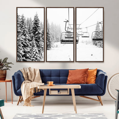 70609-MGV-CV-36X24-Snowy Ski Lift Wall Art – Black and White Winter Mountain Landscape Canvas Print, Rustic Lodge Decor for Cabin, Living Room or