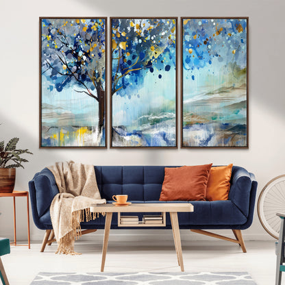 17018-MGV-CV-36X24-Abstract Blue Tree Wall Art – Colorful Canvas Painting with Gold and Silver Accents, Modern Nature Artwork for Living Room,