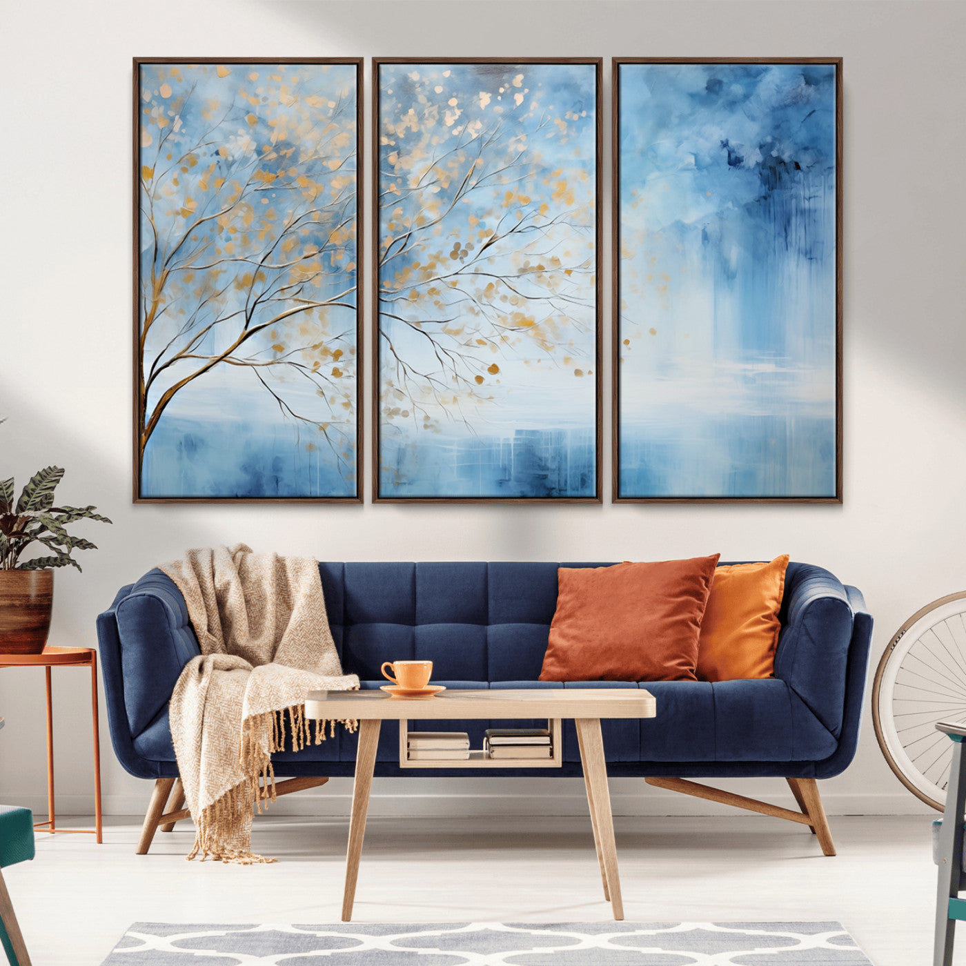 23891-MGV-CV-36X24-Abstract Tree Wall Art – Minimalist Blue and Gold Canvas Painting, Elegant Nature-Inspired Artwork for Living Room, Bedroom or