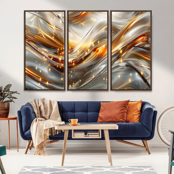 Lines1-MGV-CV-36X24-Abstract Metallic Wall Art – Silver and Gold Wave Canvas Print with Sparkling Accents, Modern Luxury Decor for Living Room, Office