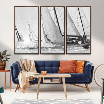 Boat-1-MGV-CV-36X24-Sailboat Racing Wall Art – Nautical Black and White Canvas Print, Ocean Adventure Decor for Office, Living Room or Bedroom