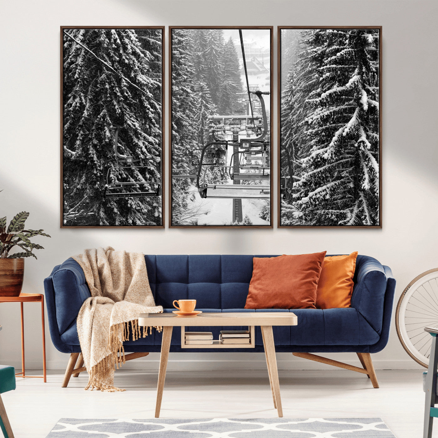 19240-MGV-CV-36X24-Ski Lift Wall Art – Black and White Winter Mountain Canvas Print, Snowy Forest Ski Resort Photography for Cabin, Lodge, Office or