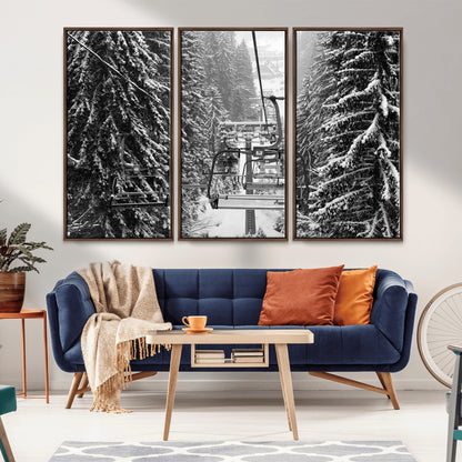 19240-MGV-CV-36X24-Ski Lift Wall Art – Black and White Winter Mountain Canvas Print, Snowy Forest Ski Resort Photography for Cabin, Lodge, Office or