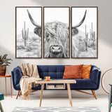 94579-MGV-CV-36X24-Highland Cow Wall Art – Black and White Longhorn Canvas Print, Rustic Western Farmhouse Animal Photography for Living Room,