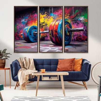 13549-MGV-CV-36X24-Graffiti Gym Wall Art Canvas Print, Framed Graffiti Barbell Art Picture Print, Weightlifting Perfect Fitness Studio Decor Artwork