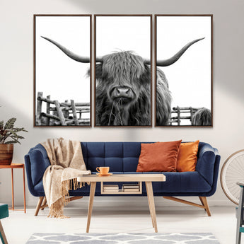 58188-MGV-CV-36X24-Highland Cow Wall Art – Black and White Rustic Farmhouse Canvas Print, Longhorn Cattle Photography Decor for Living Room or