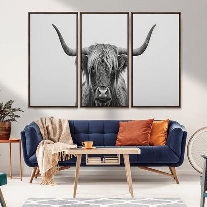 35820-MGV-CV-36X24-Minimalist Highland Cow Wall Art – Black and White Longhorn Cattle Canvas Print, Modern Farmhouse Animal Photography Decor for