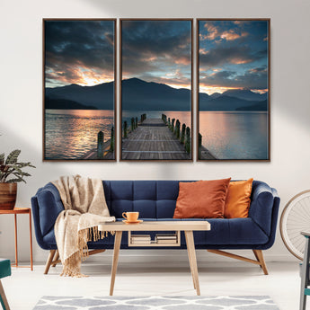 20442-MGV-CV-36X24-Lakeside Sunset Dock Wall Art – Peaceful Mountain Lake Canvas Print, Serene Nature Landscape Decor for Living Room, Bedroom or