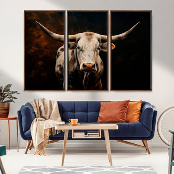 70522-MGV-CV-36X24-Longhorn Bull Wall Art – Striking Canvas Print of Majestic Bull, Premium Animal Decor for Home, Office, Man Cave, or Living Room