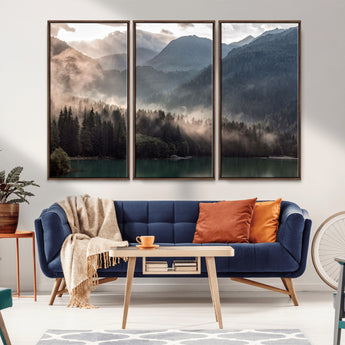 61116-MGV-CV-36X24-Misty Mountain Lake Wall Art – Tranquil Foggy Forest and Lake Canvas Print, Scenic Nature Landscape Decor for Living Room or