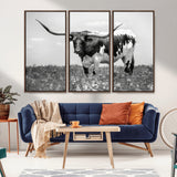 94709-MGV-CV-36X24-Texas Longhorn Wall Art – Black and White Bull Photography Canvas Print, Western Farmhouse Wall Decor for Living Room, Office or