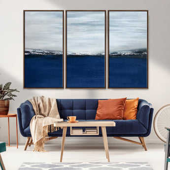 62197-MGV-FC-48X32-3P_Walnut-Abstract Ocean Wall Art – Minimalist Blue and White Canvas Print, Modern Coastal Seascape Painting for Bedroom, Living Room or