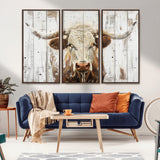 71551-MGV-CV-36X24-Longhorn Bull Wall Art – Rustic Western Cow Canvas Print, Farmhouse Animal Painting with Wood Plank Style for Living Room, Office