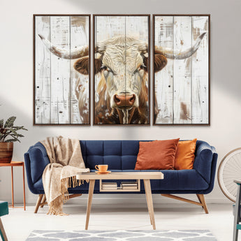 71551-MGV-CV-36X24-Longhorn Bull Wall Art – Rustic Western Cow Canvas Print, Farmhouse Animal Painting with Wood Plank Style for Living Room, Office