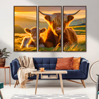 20567-MGV-CV-36X24-Highland Cow and Calf Wall Art – Rustic Farmhouse Sunset Cattle Canvas Print, Country Animal Artwork for Living Room, Bedroom, or